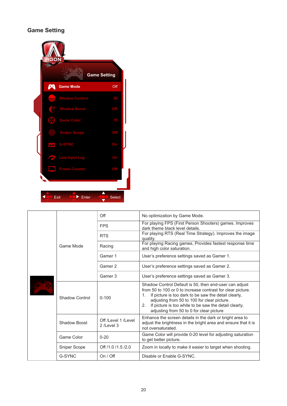 Game setting | AOC AG276QZD 27" QHD 1440p 240 Hz Gaming Monitor User Manual | Page 22 / 38