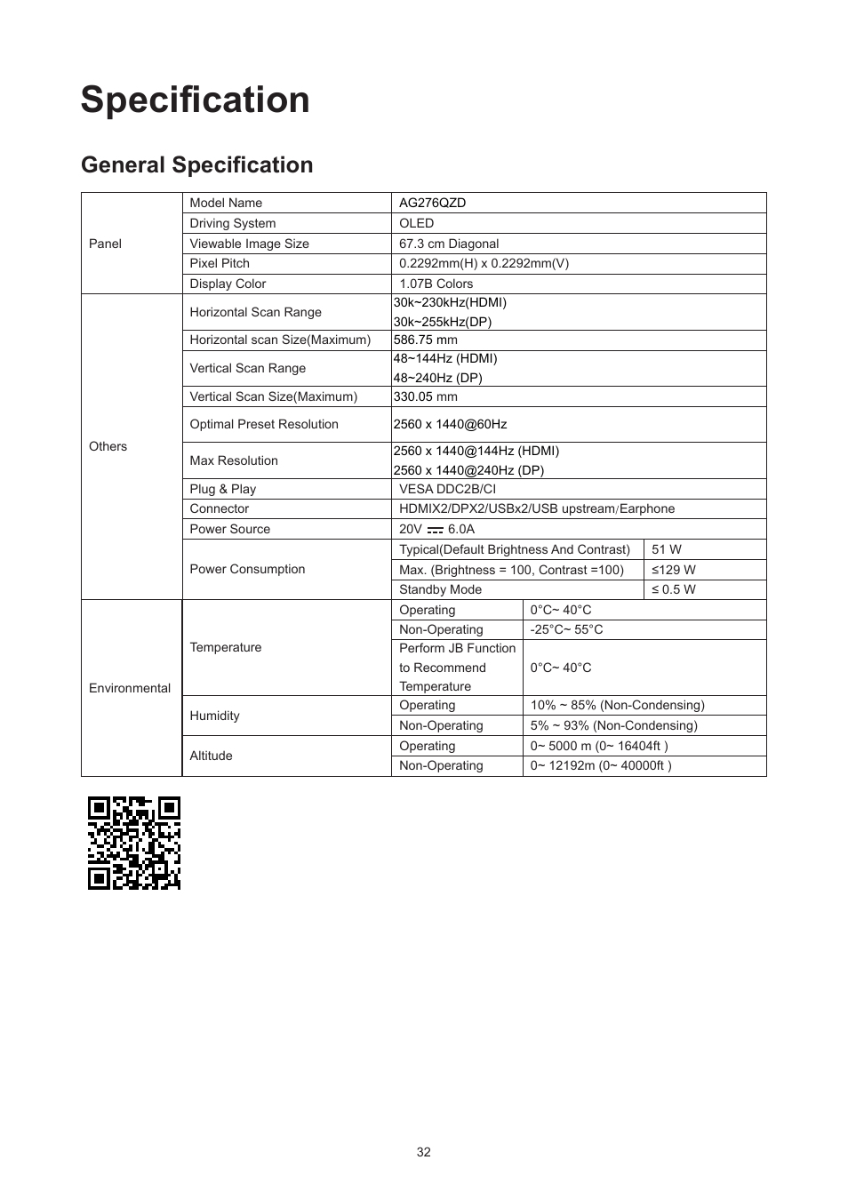 Specification, General specification | AOC AG276QZD 27" QHD 1440p 240 Hz Gaming Monitor User Manual | Page 34 / 38