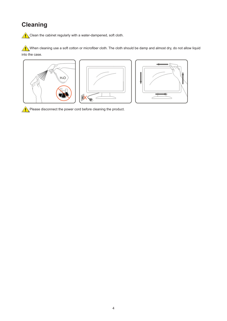 Cleaning | AOC AG276QZD 27" QHD 1440p 240 Hz Gaming Monitor User Manual | Page 6 / 38