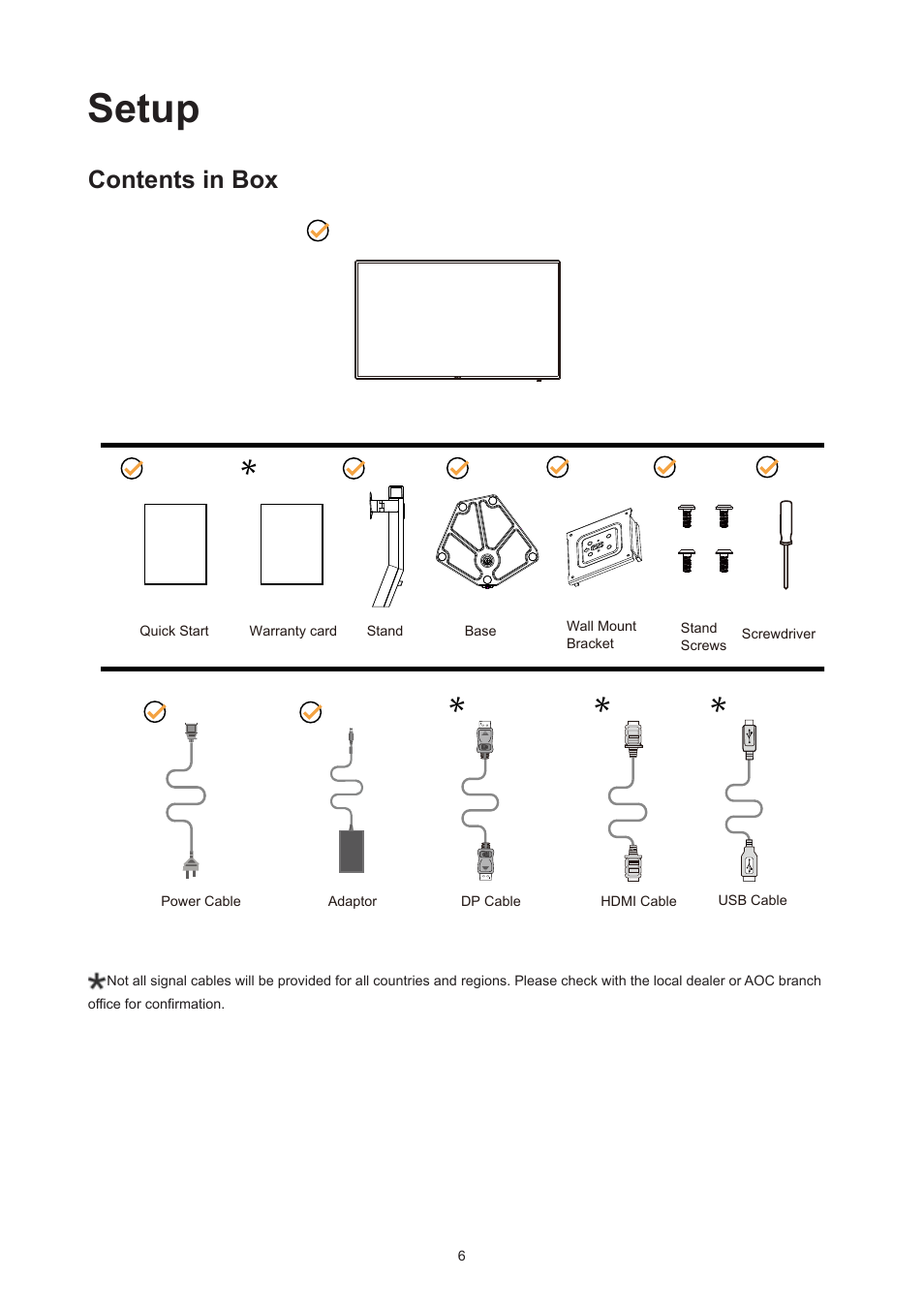 Setup, Contents in box | AOC AG276QZD 27" QHD 1440p 240 Hz Gaming Monitor User Manual | Page 8 / 38