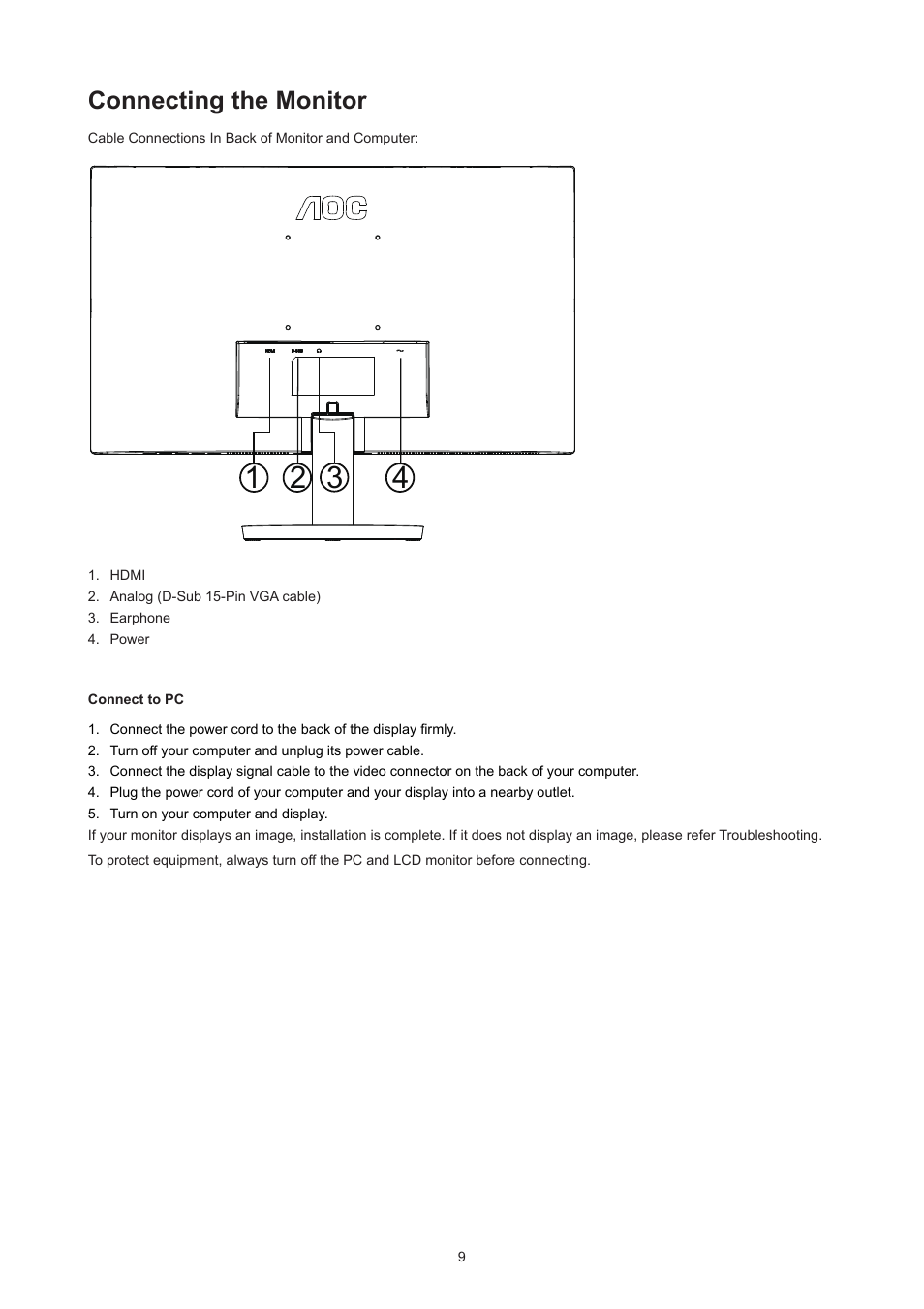 Connecting the monitor | AOC 27B3HM 27" Monitor User Manual | Page 11 / 31