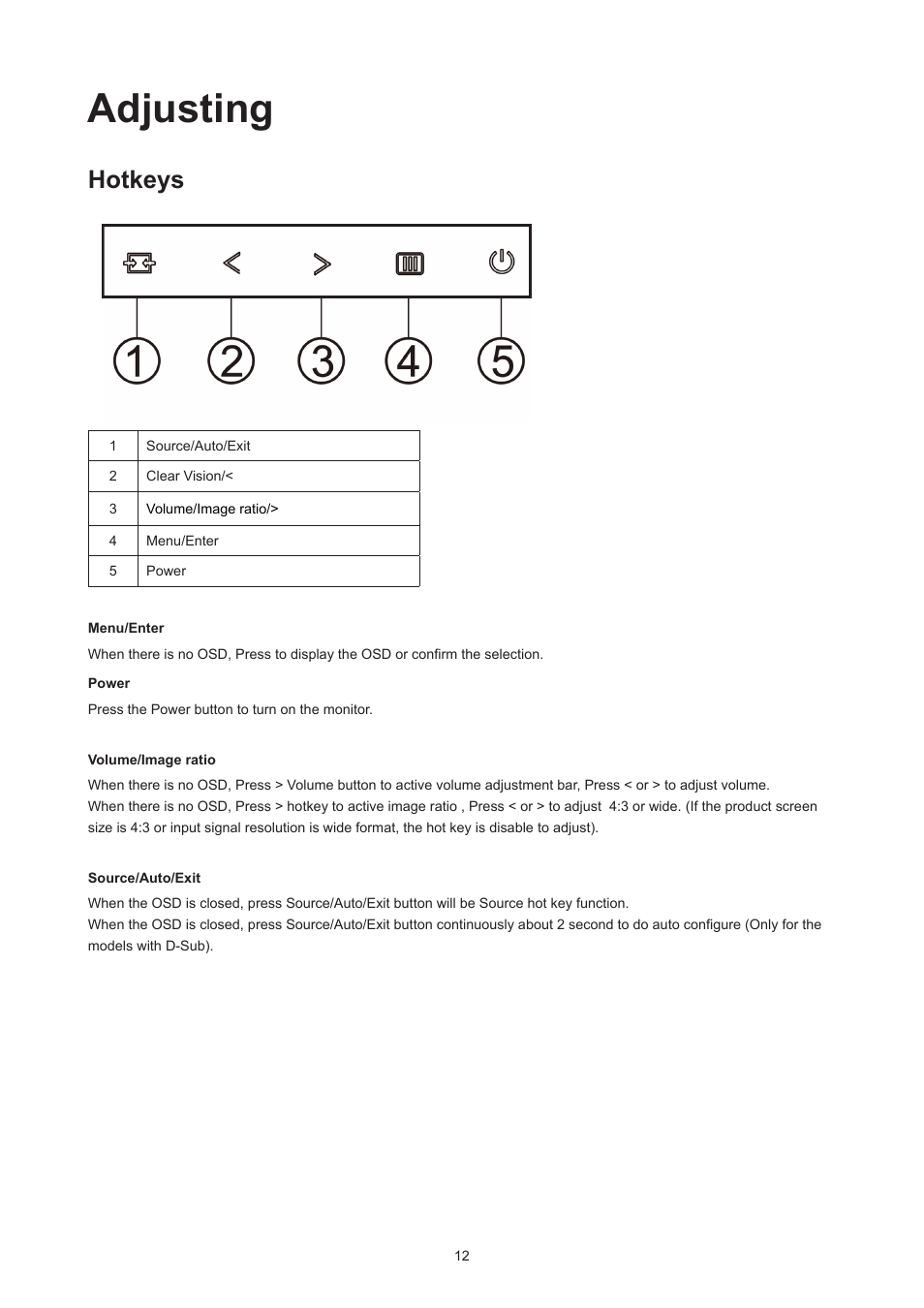 Adjusting, Hotkeys | AOC 27B3HM 27" Monitor User Manual | Page 14 / 31