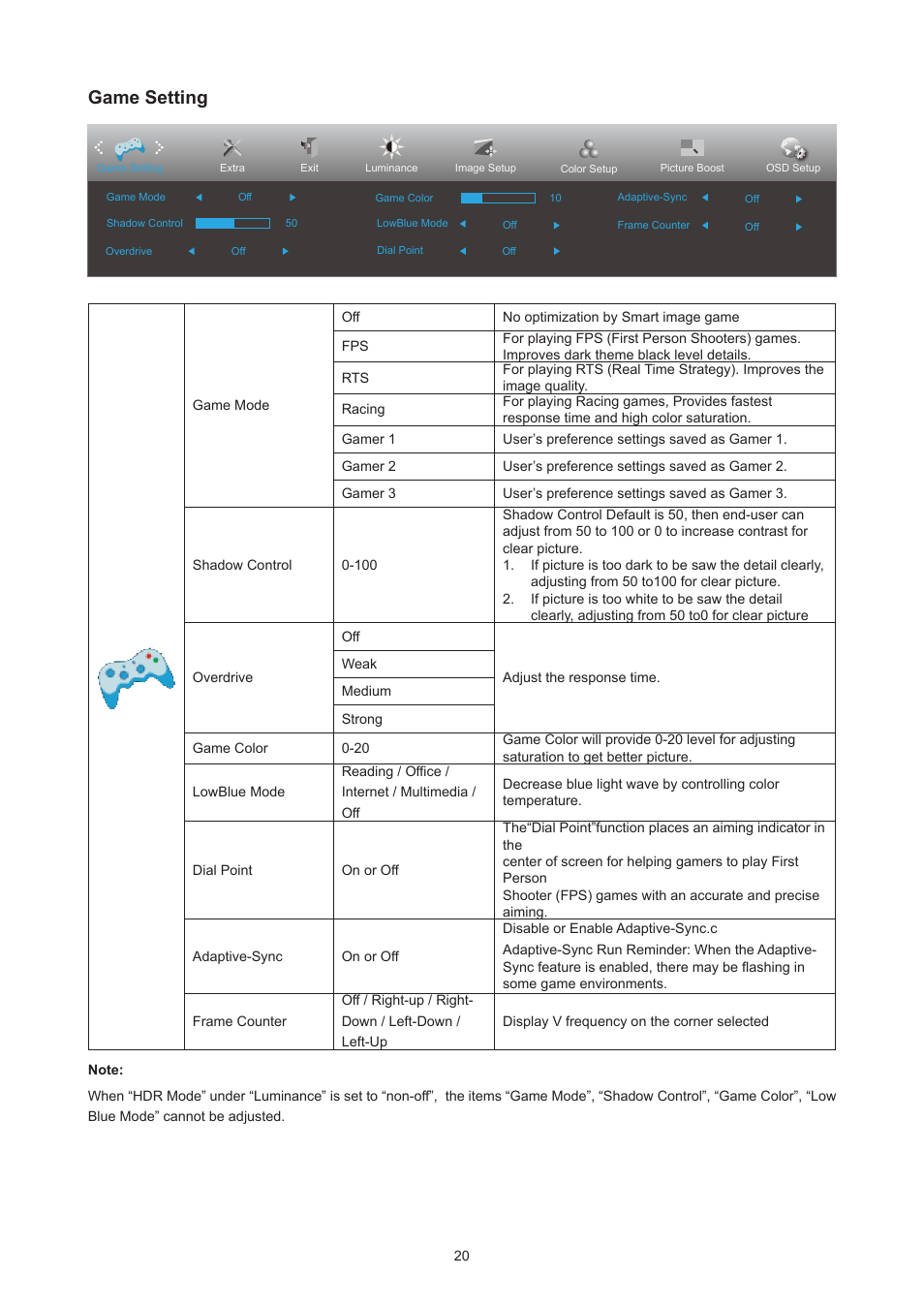 Game setting | AOC 27B3HM 27" Monitor User Manual | Page 22 / 31