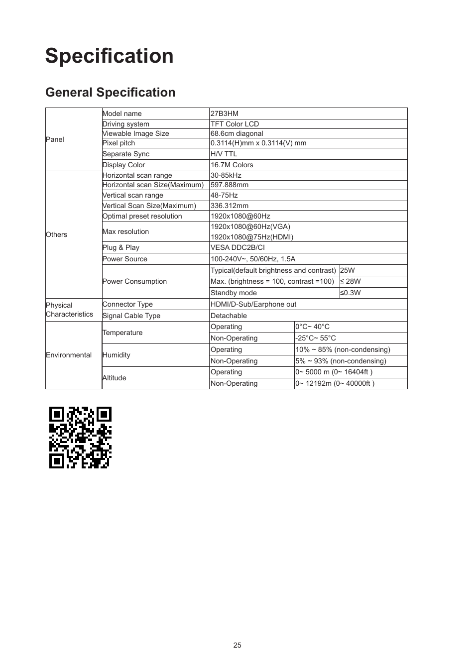 Specification, General specification | AOC 27B3HM 27" Monitor User Manual | Page 27 / 31