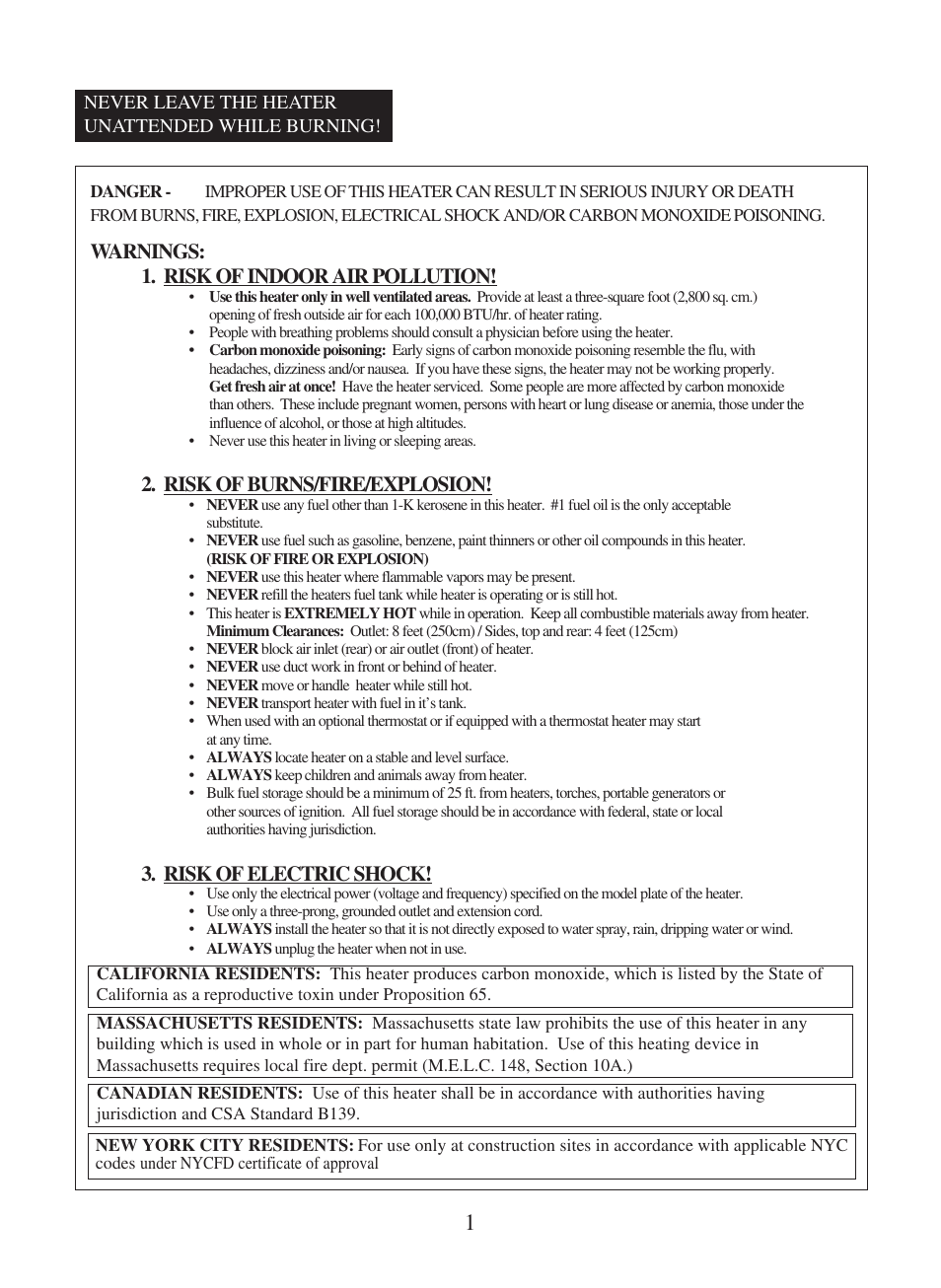 Warnings: 1. risk of indoor air pollution, Risk of burns/fire/explosion, Risk of electric shock | Dyna-Glo RMC-KFA210T User Manual | Page 2 / 28