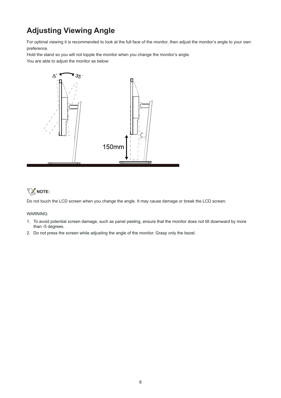 Adjusting viewing angle | AOC Q27P3CW 27" QHD Monitor User Manual | Page 10 / 33