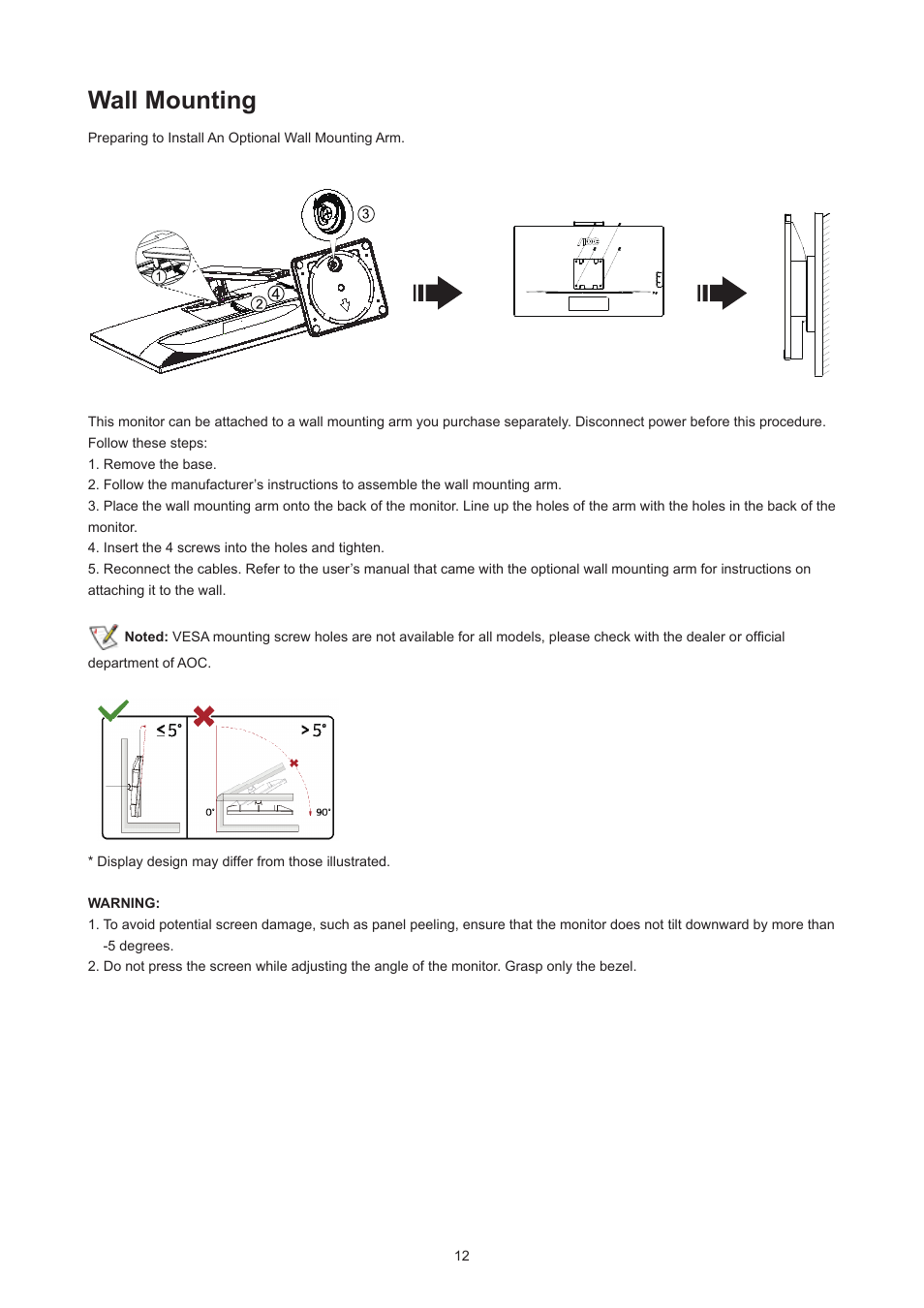 Wall mounting | AOC Q27P3CW 27" QHD Monitor User Manual | Page 14 / 33