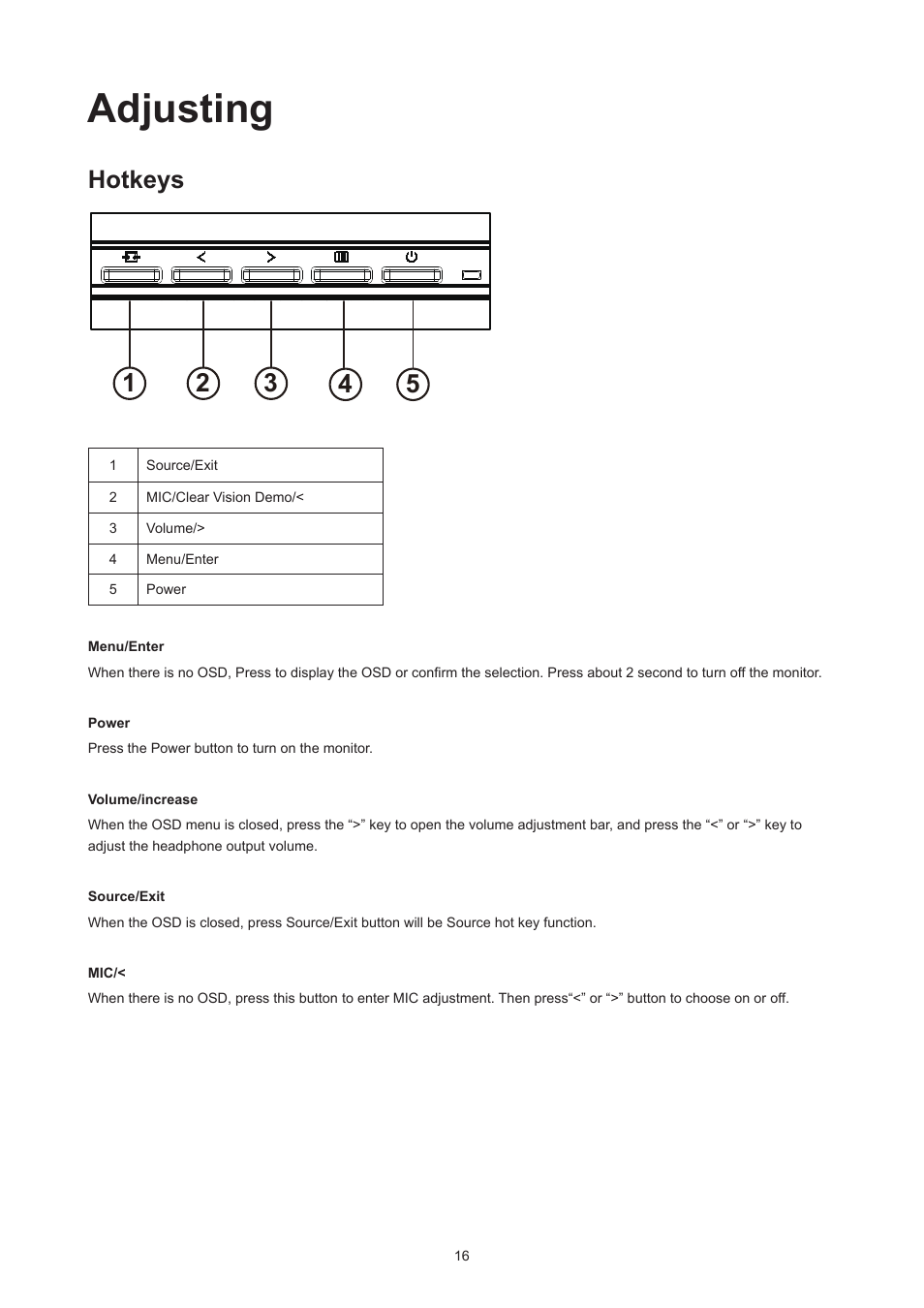 Adjusting, Hotkeys | AOC Q27P3CW 27" QHD Monitor User Manual | Page 18 / 33