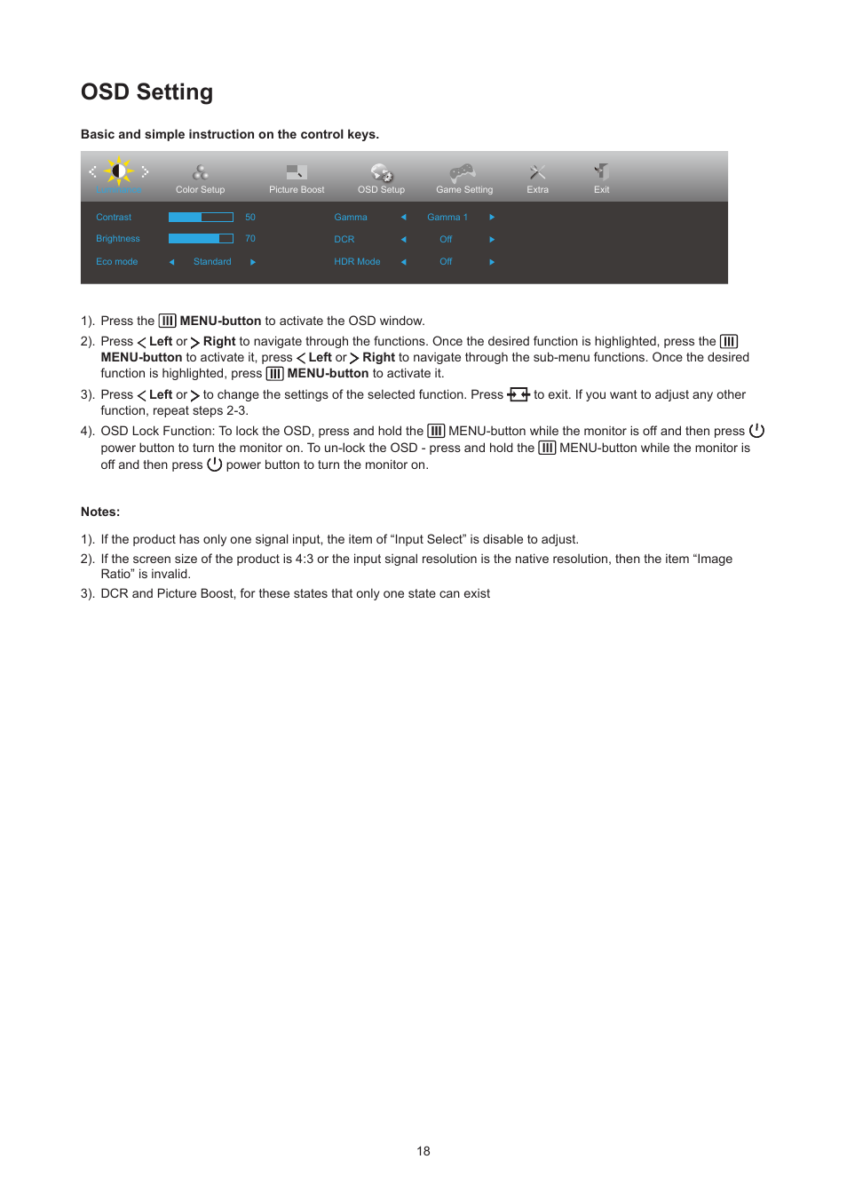 Luminance, Osd setting | AOC Q27P3CW 27" QHD Monitor User Manual | Page 20 / 33
