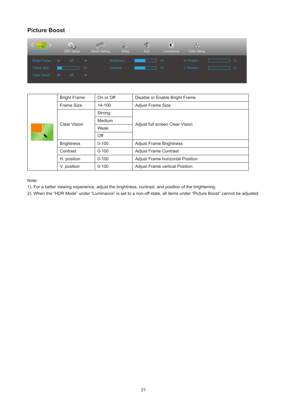 Osd setup, Picture boost | AOC Q27P3CW 27" QHD Monitor User Manual | Page 23 / 33
