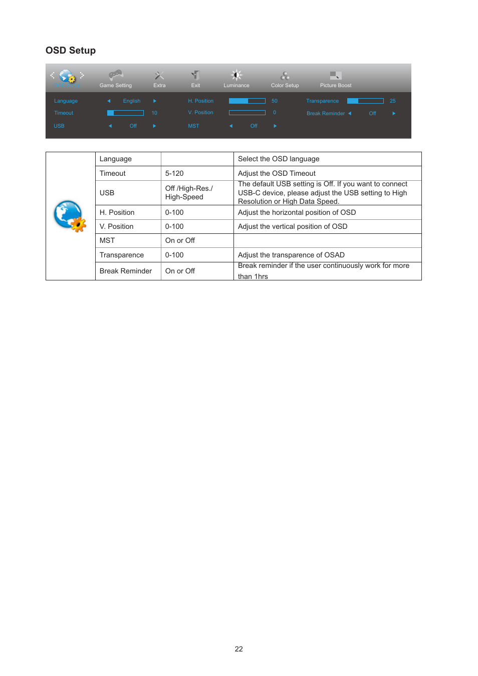 Game setting, Osd setup | AOC Q27P3CW 27" QHD Monitor User Manual | Page 24 / 33