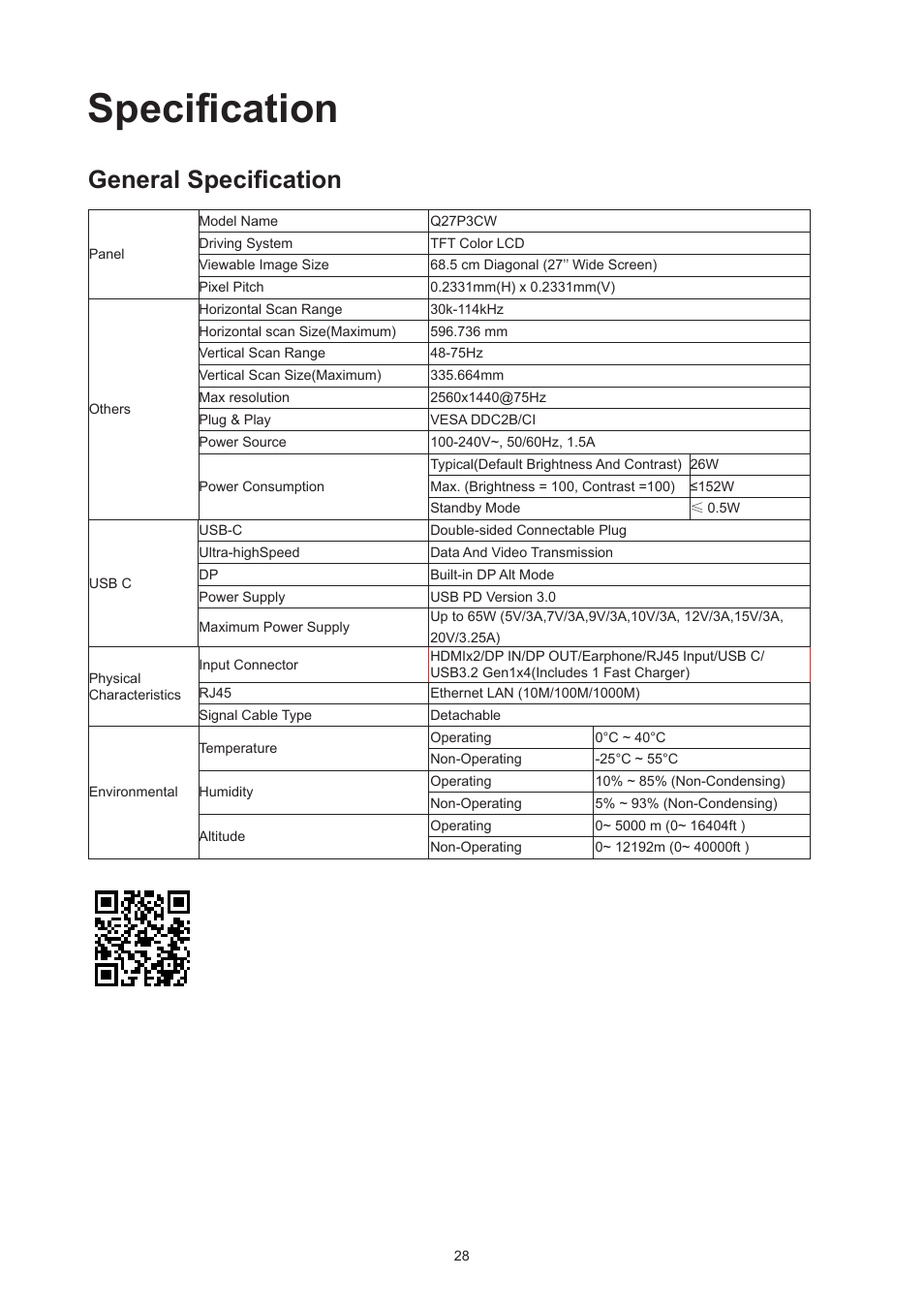 Preset display modes, Specification, General specification | AOC Q27P3CW 27" QHD Monitor User Manual | Page 30 / 33