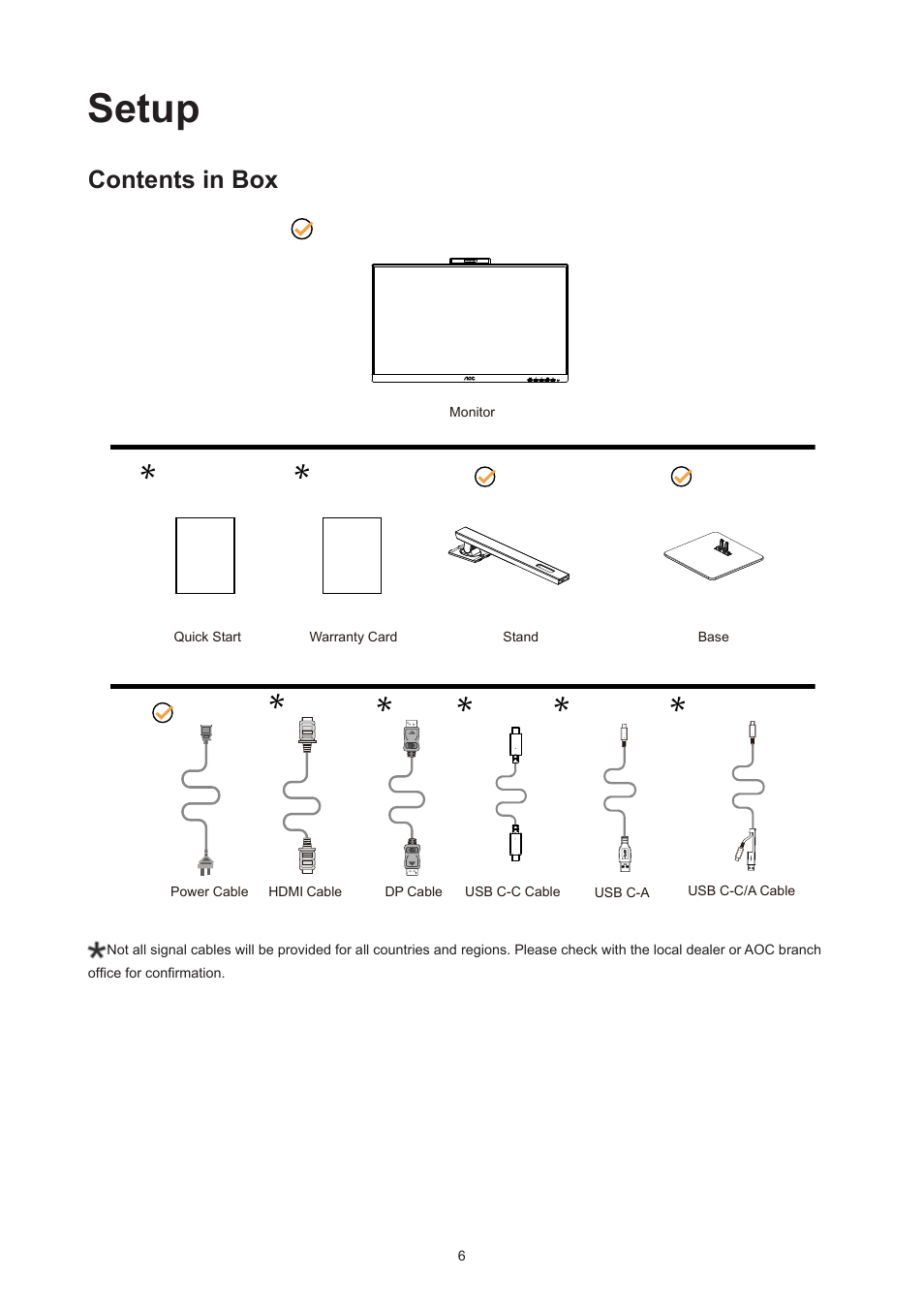 Setup, Contents in box | AOC Q27P3CW 27" QHD Monitor User Manual | Page 8 / 33