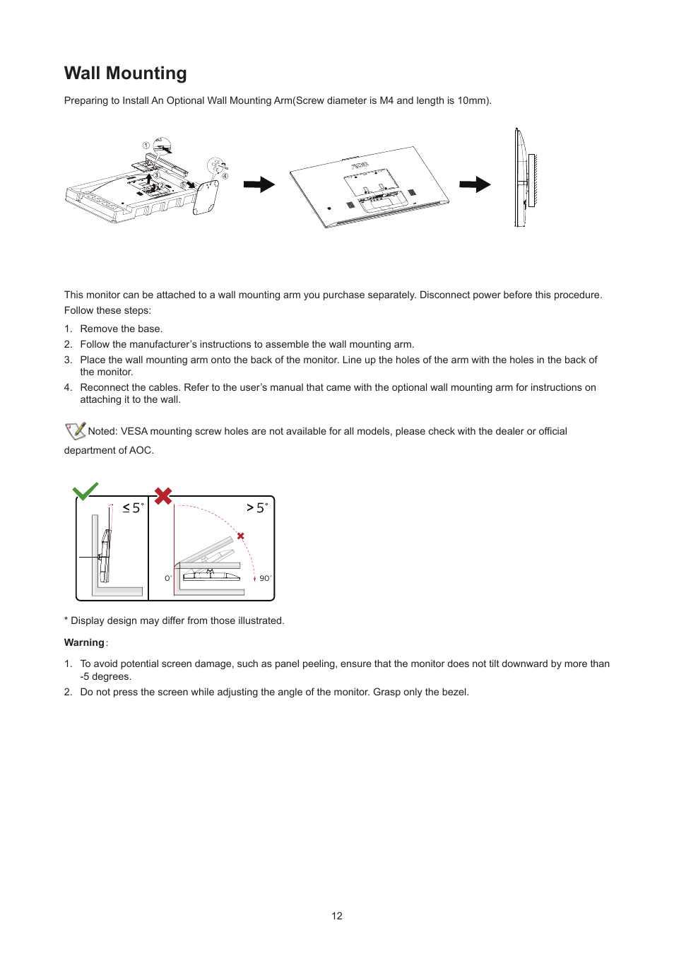 Wall mounting | AOC CU34V5CW 34" 1440p Curved Monitor User Manual | Page 14 / 34