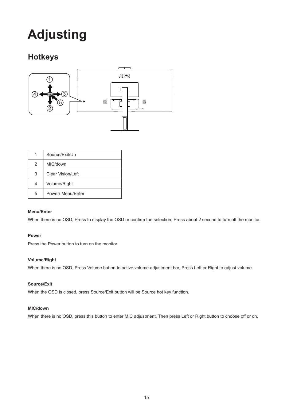 Adjusting, Hotkeys | AOC CU34V5CW 34" 1440p Curved Monitor User Manual | Page 17 / 34