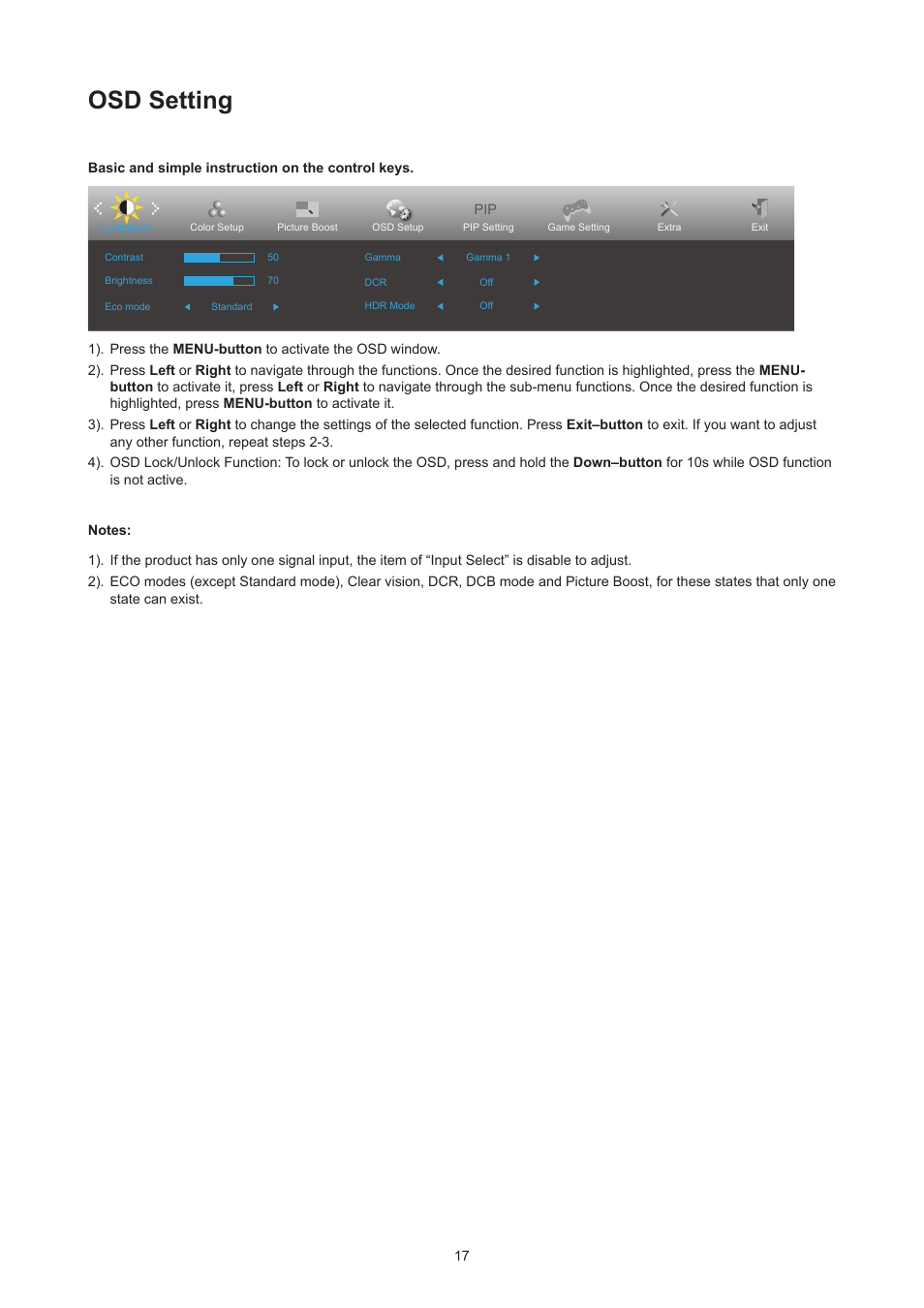 Osd setting | AOC CU34V5CW 34" 1440p Curved Monitor User Manual | Page 19 / 34