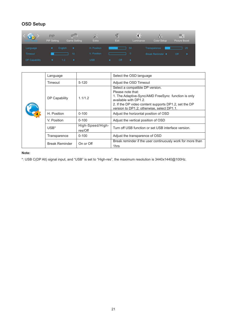 Osd setup | AOC CU34V5CW 34" 1440p Curved Monitor User Manual | Page 23 / 34