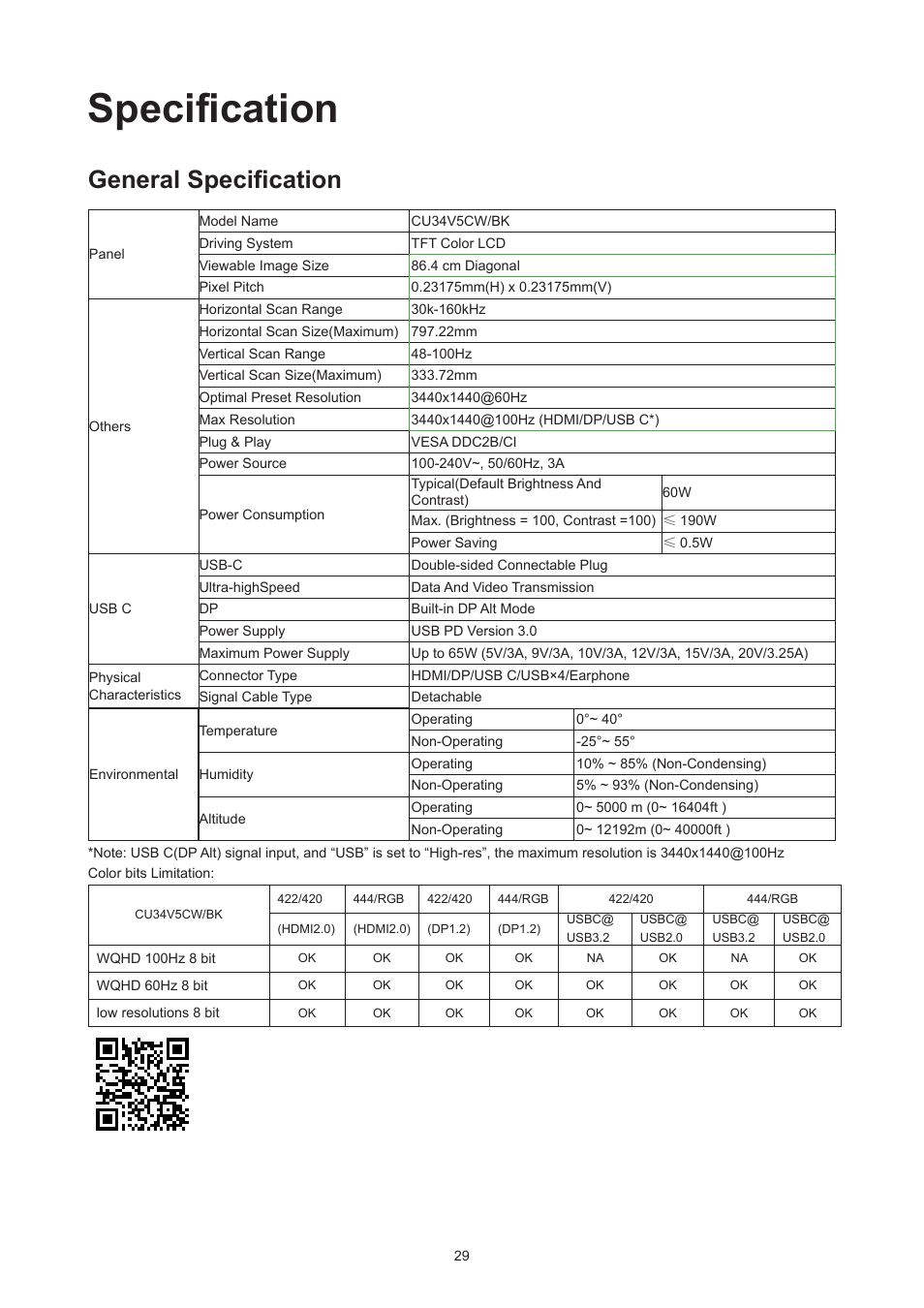 Specification, General specification | AOC CU34V5CW 34" 1440p Curved Monitor User Manual | Page 31 / 34