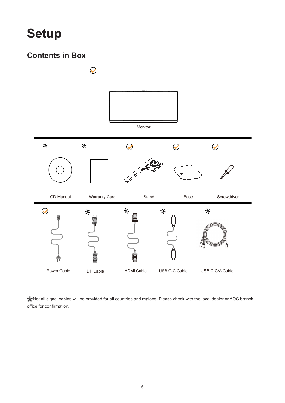 Setup, Contents in box | AOC CU34V5CW 34" 1440p Curved Monitor User Manual | Page 8 / 34