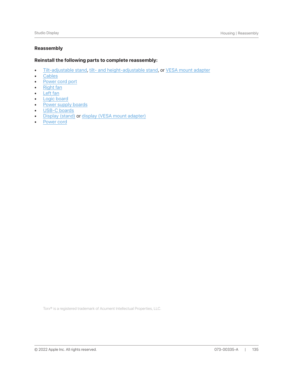 Reassembly | Apple 27" Studio Display (Nano-Texture Glass, Tilt Adjustable Stand) User Manual | Page 135 / 135