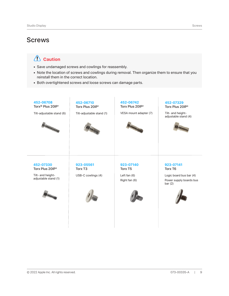 Screws, Caution | Apple 27" Studio Display (Nano-Texture Glass, Tilt Adjustable Stand) User Manual | Page 9 / 135