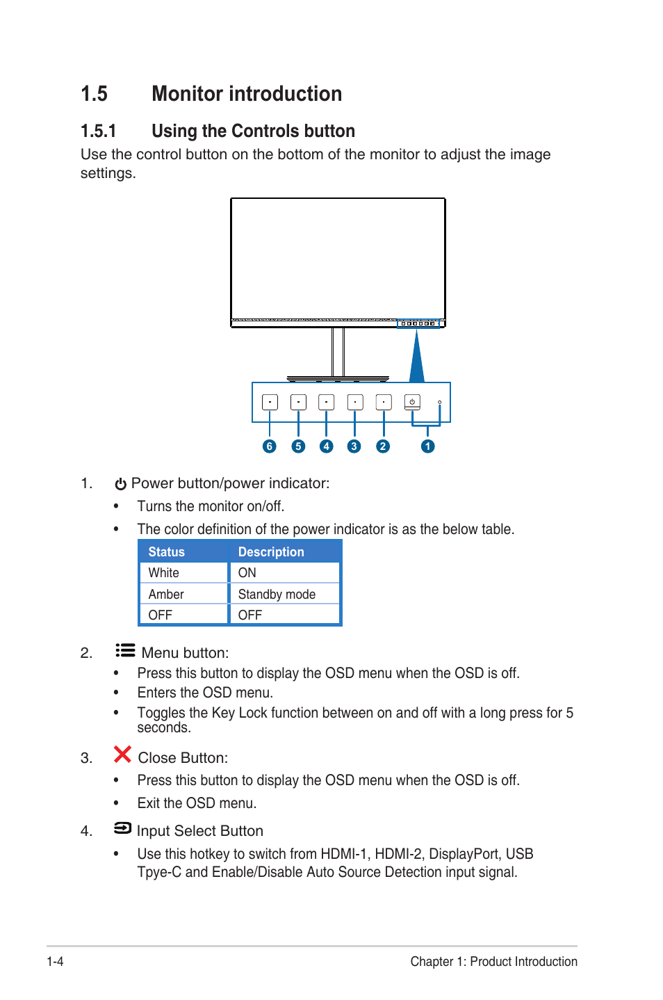5 monitor introduction, 1 using the controls button | Asus ProArt Display PA279CV 27" 4K HDR Monitor User Manual | Page 12 / 31