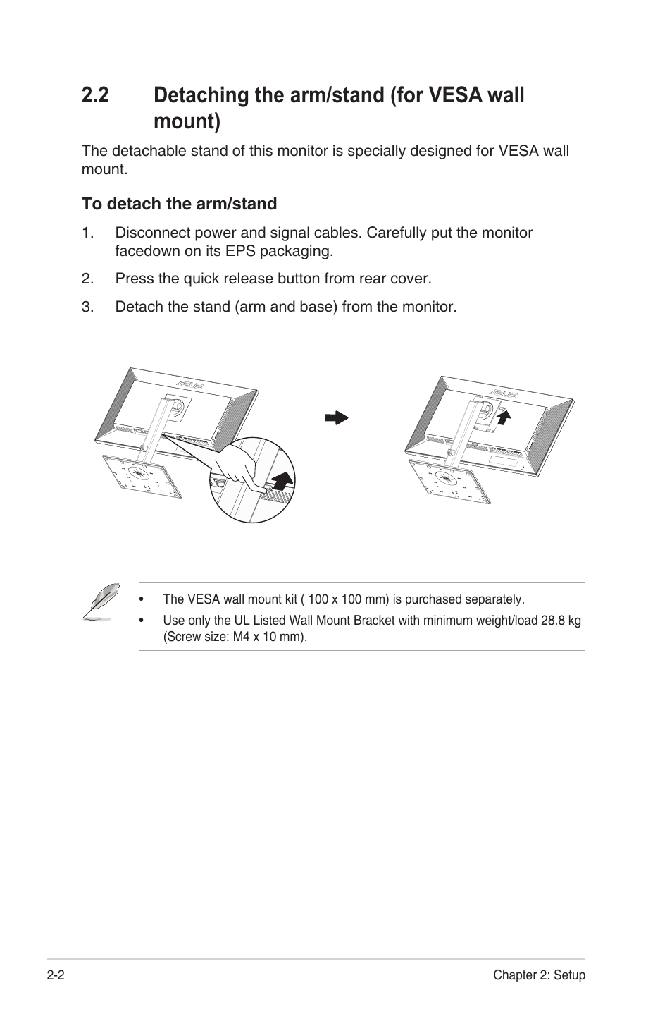 2 detaching the arm/stand (for vesa wall mount) | Asus ProArt Display PA279CV 27" 4K HDR Monitor User Manual | Page 15 / 31