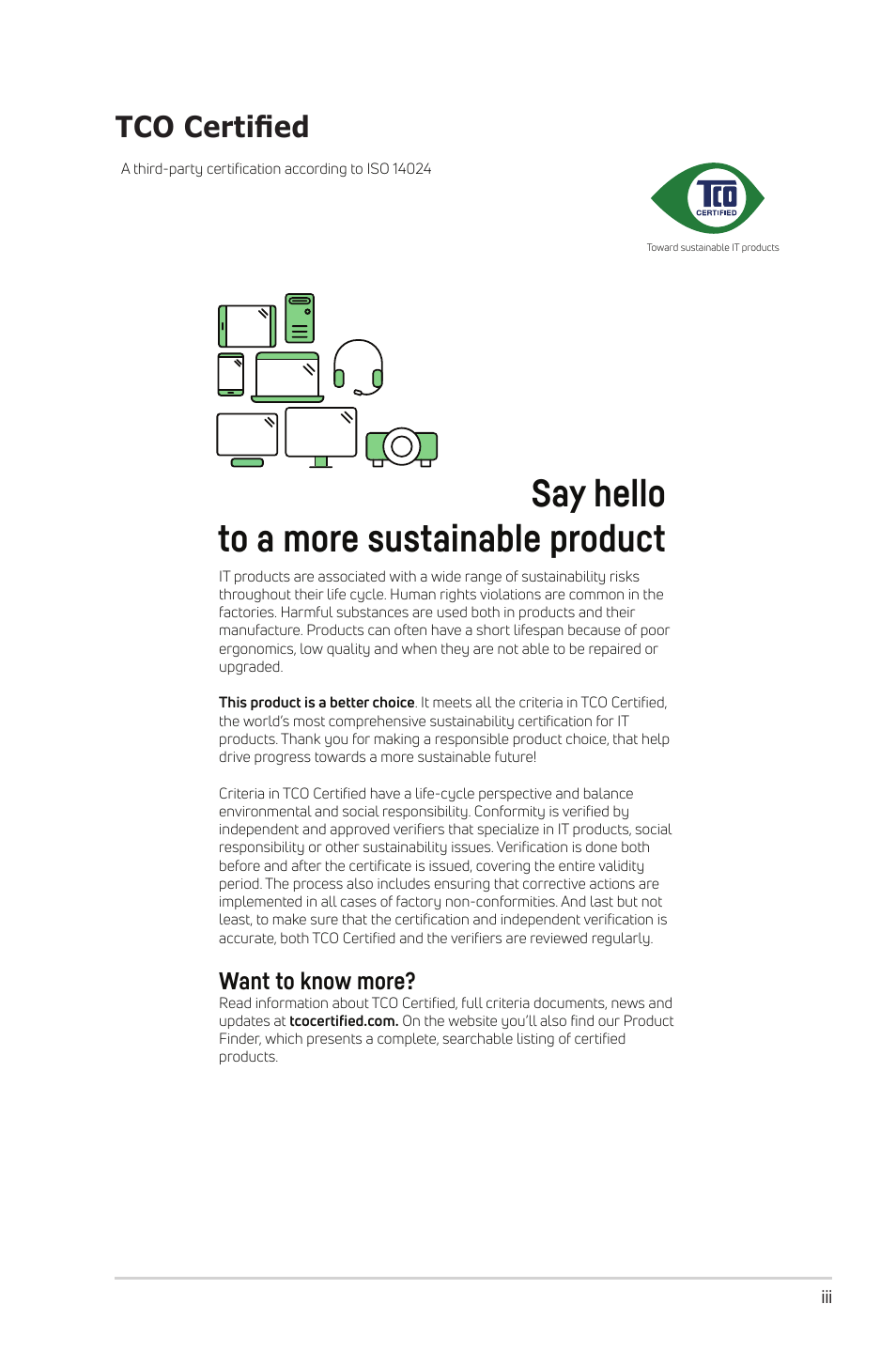 Say hello to a more sustainable product, Tco certified, Want to know more | Asus ProArt Display PA279CV 27" 4K HDR Monitor User Manual | Page 3 / 31