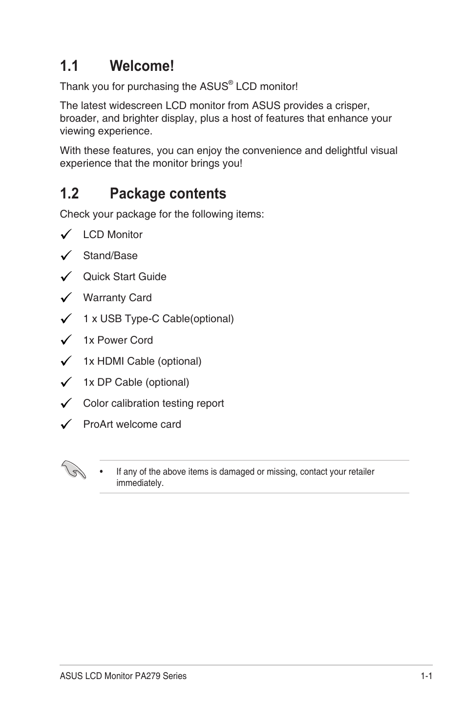 1 welcome, 2 package contents | Asus ProArt Display PA279CV 27" 4K HDR Monitor User Manual | Page 9 / 31