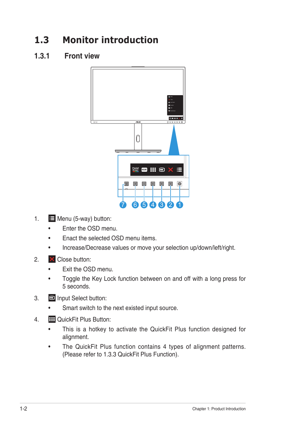 3 monitor introduction, 1 front view, Monitor introduction -2 1.3.1 | Front view -2 | Asus ProArt Display OLED PA27DCE-K 26.9" 4K HDR Monitor with Color Calibrator User Manual | Page 10 / 43