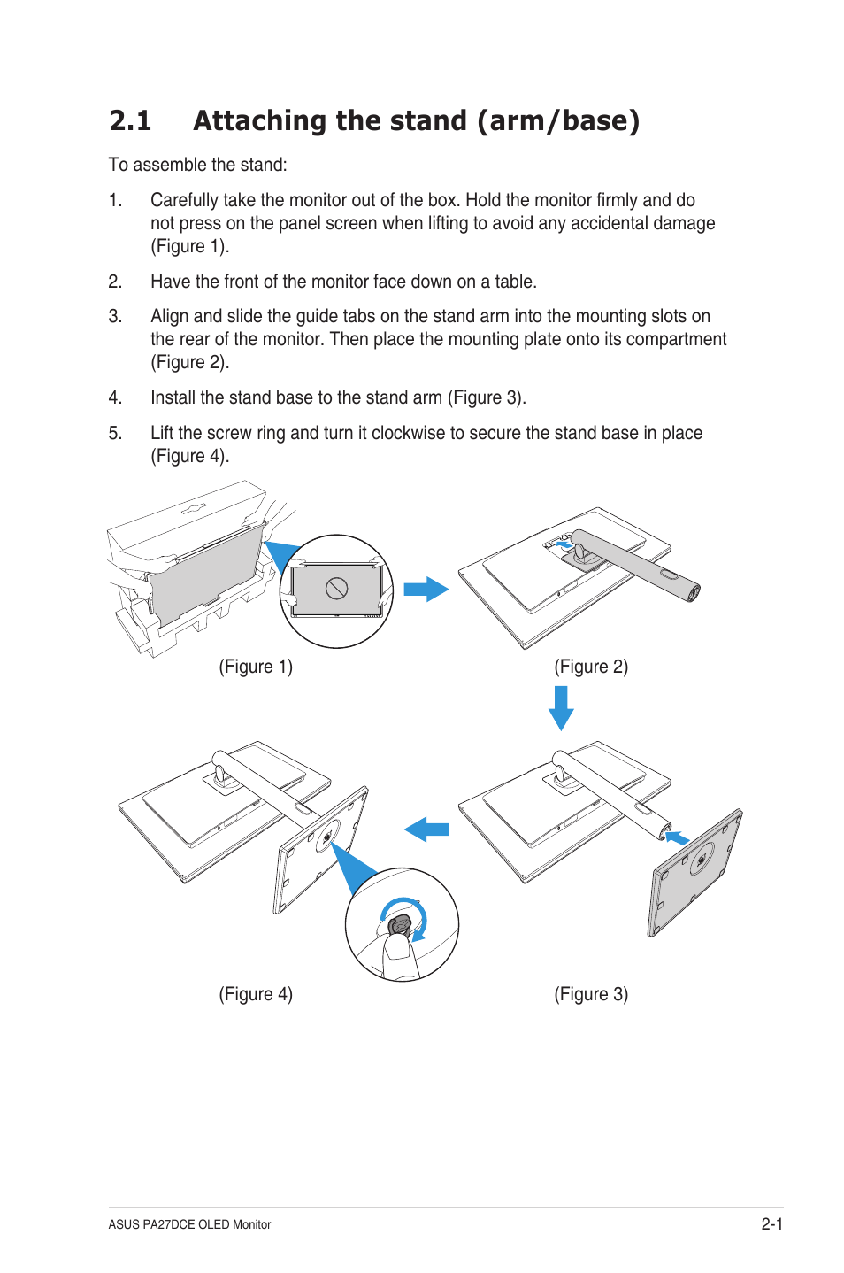 Chapter 2: setup, 1 attaching the stand (arm/base), Attaching the stand (arm/base) -1 | Asus ProArt Display OLED PA27DCE-K 26.9" 4K HDR Monitor with Color Calibrator User Manual | Page 16 / 43
