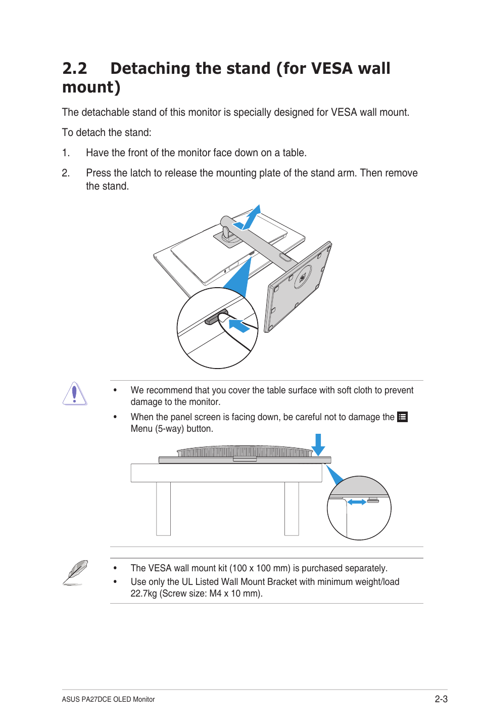 2 detaching the stand (for vesa wall mount), Detaching the stand (for vesa wall mount) -3 | Asus ProArt Display OLED PA27DCE-K 26.9" 4K HDR Monitor with Color Calibrator User Manual | Page 18 / 43