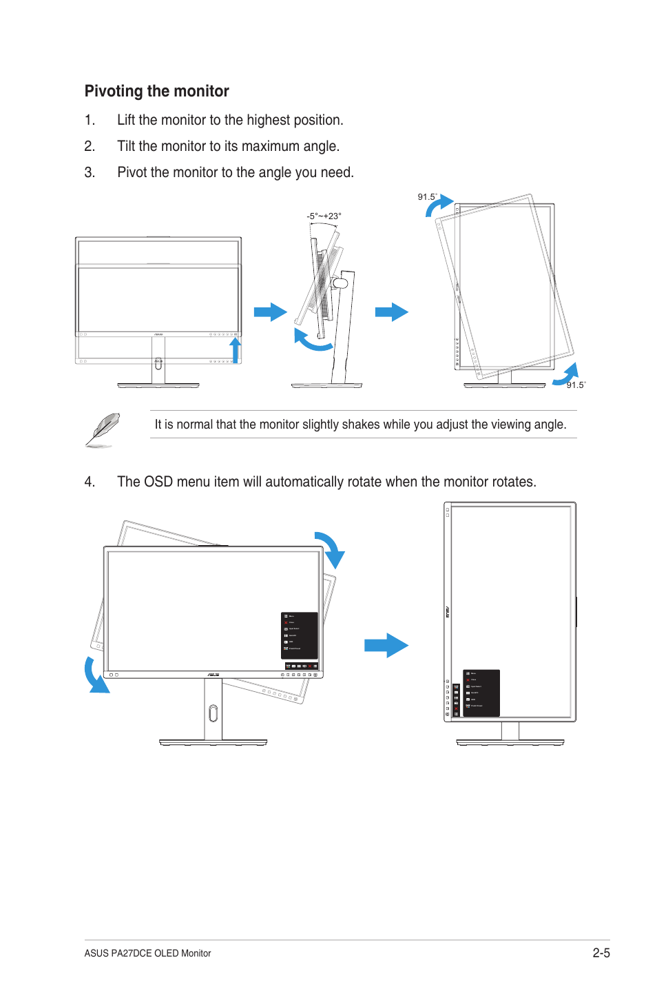 Pivoting the monitor, Asus pa27dce oled monitor | Asus ProArt Display OLED PA27DCE-K 26.9" 4K HDR Monitor with Color Calibrator User Manual | Page 20 / 43