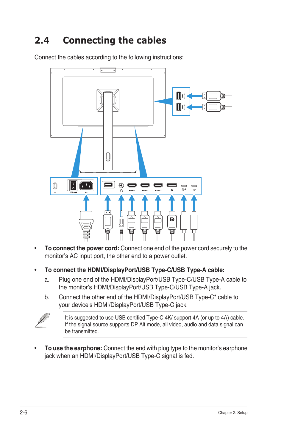 4 connecting the cables, Connecting the cables -6 | Asus ProArt Display OLED PA27DCE-K 26.9" 4K HDR Monitor with Color Calibrator User Manual | Page 21 / 43