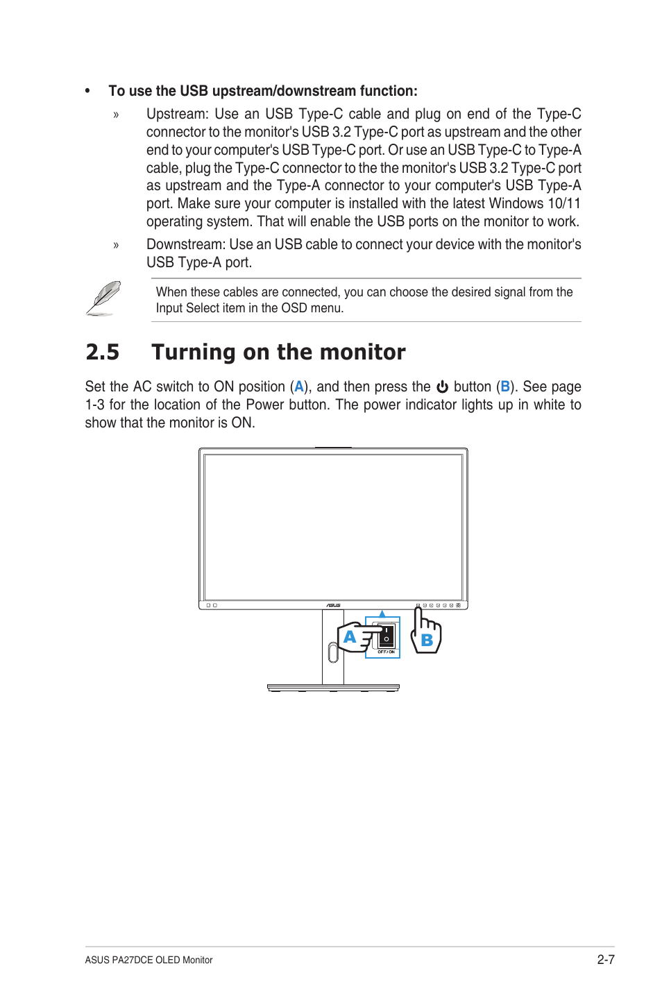 5 turning on the monitor, Turning on the monitor -7 | Asus ProArt Display OLED PA27DCE-K 26.9" 4K HDR Monitor with Color Calibrator User Manual | Page 22 / 43