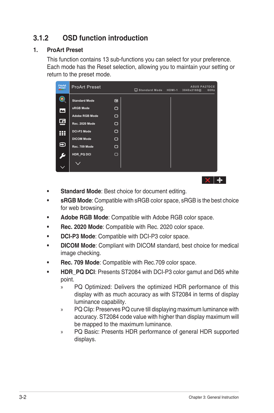 2 osd function introduction, Osd function introduction -2 | Asus ProArt Display OLED PA27DCE-K 26.9" 4K HDR Monitor with Color Calibrator User Manual | Page 24 / 43