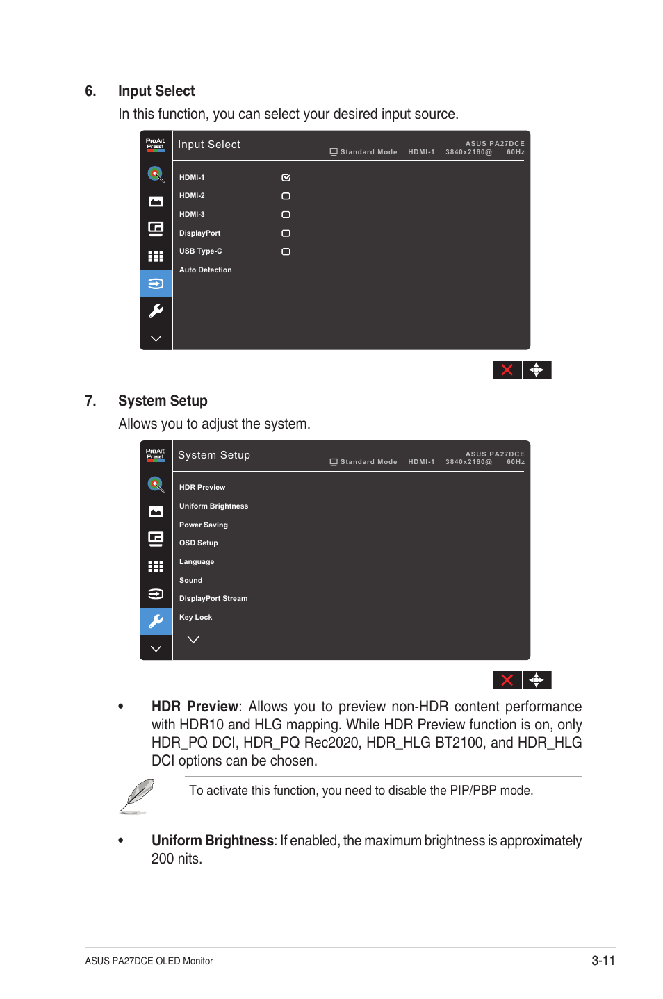 System setup allows you to adjust the system | Asus ProArt Display OLED PA27DCE-K 26.9" 4K HDR Monitor with Color Calibrator User Manual | Page 33 / 43