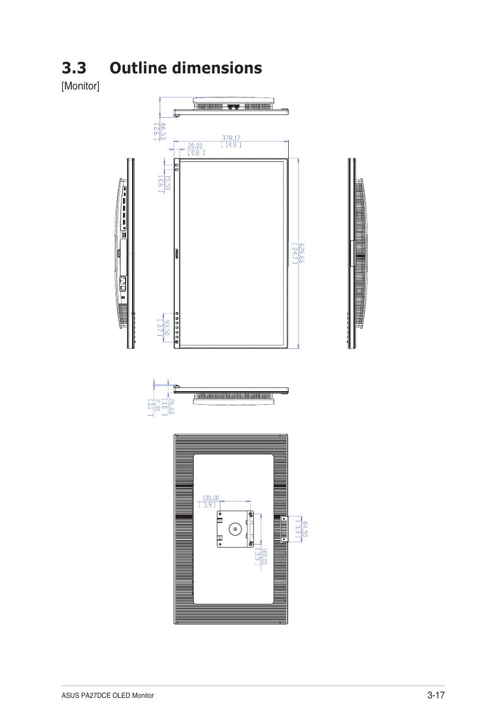 3 outline dimensions, Outline dimensions -17 | Asus ProArt Display OLED PA27DCE-K 26.9" 4K HDR Monitor with Color Calibrator User Manual | Page 39 / 43