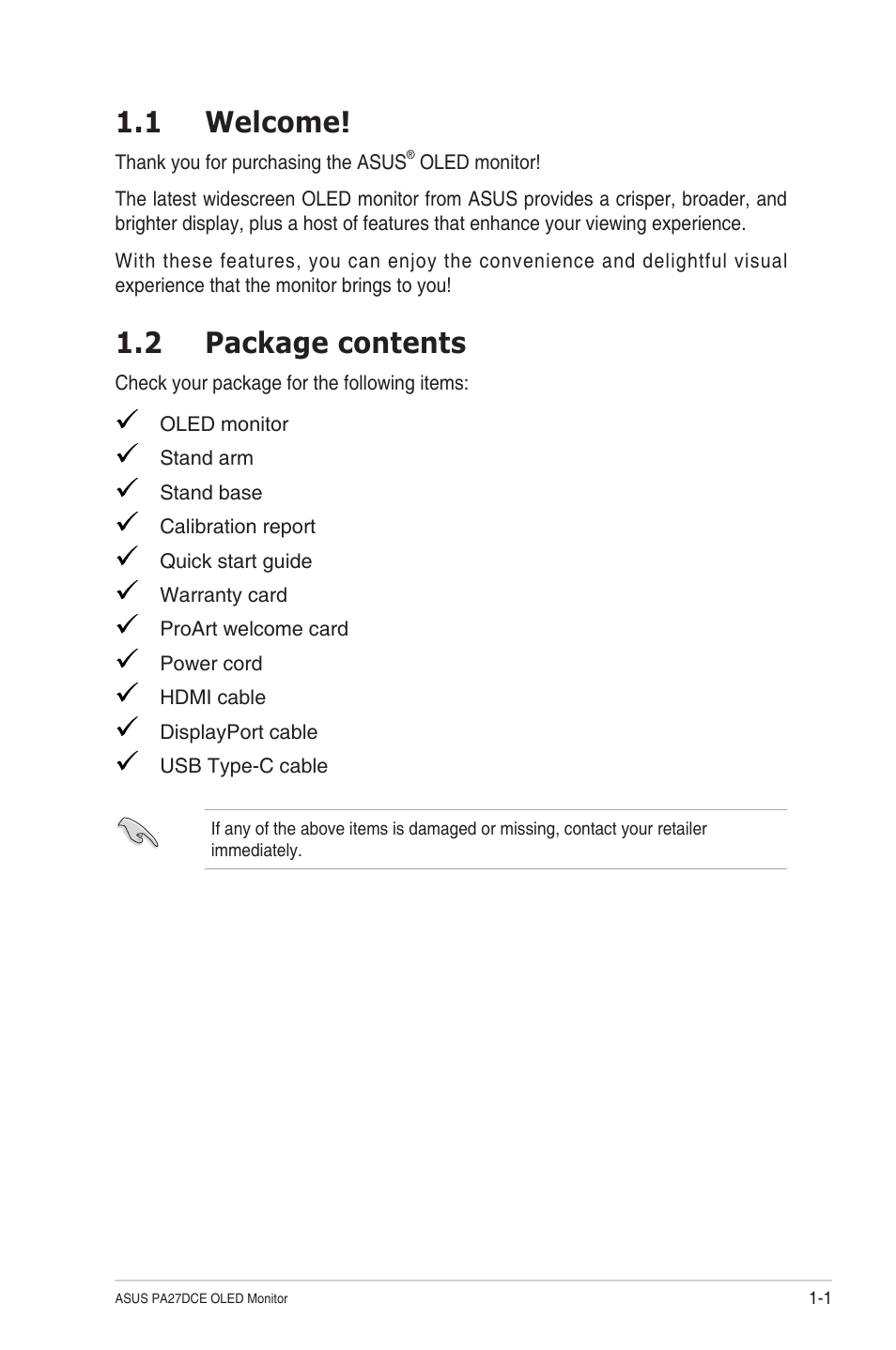 Chapter 1: product introduction, 1 welcome, 2 package contents | 1 welcome! -1 1.2, Package contents -1 | Asus ProArt Display OLED PA27DCE-K 26.9" 4K HDR Monitor with Color Calibrator User Manual | Page 9 / 43