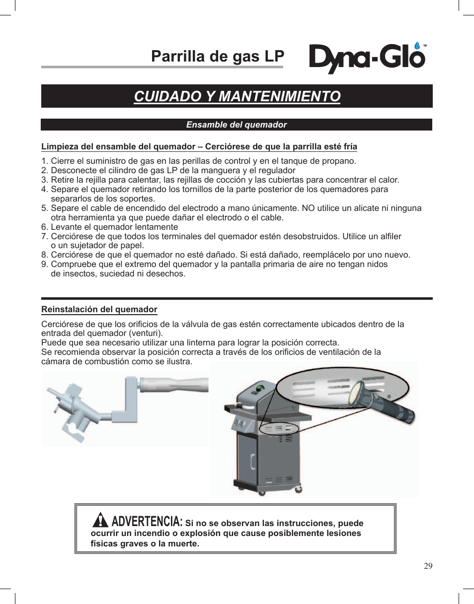 Parrilla de gas lp, Cuidado y mantenimiento, Advertencia | Dyna-Glo LP Gas Grill DGP350NP User Manual | Page 103 / 108