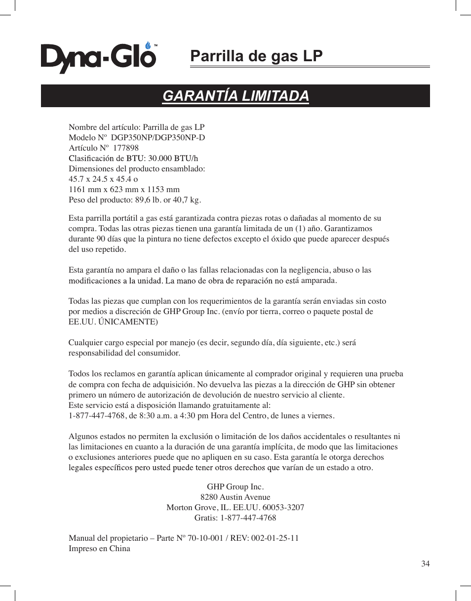 Parrilla de gas lp, Garantía limitada | Dyna-Glo LP Gas Grill DGP350NP User Manual | Page 108 / 108