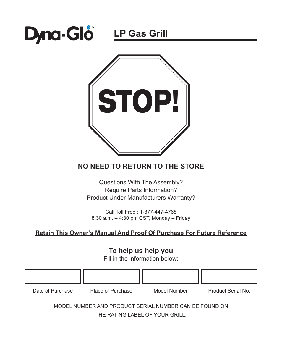 Stop, Lp gas grill | Dyna-Glo LP Gas Grill DGP350NP User Manual | Page 2 / 108