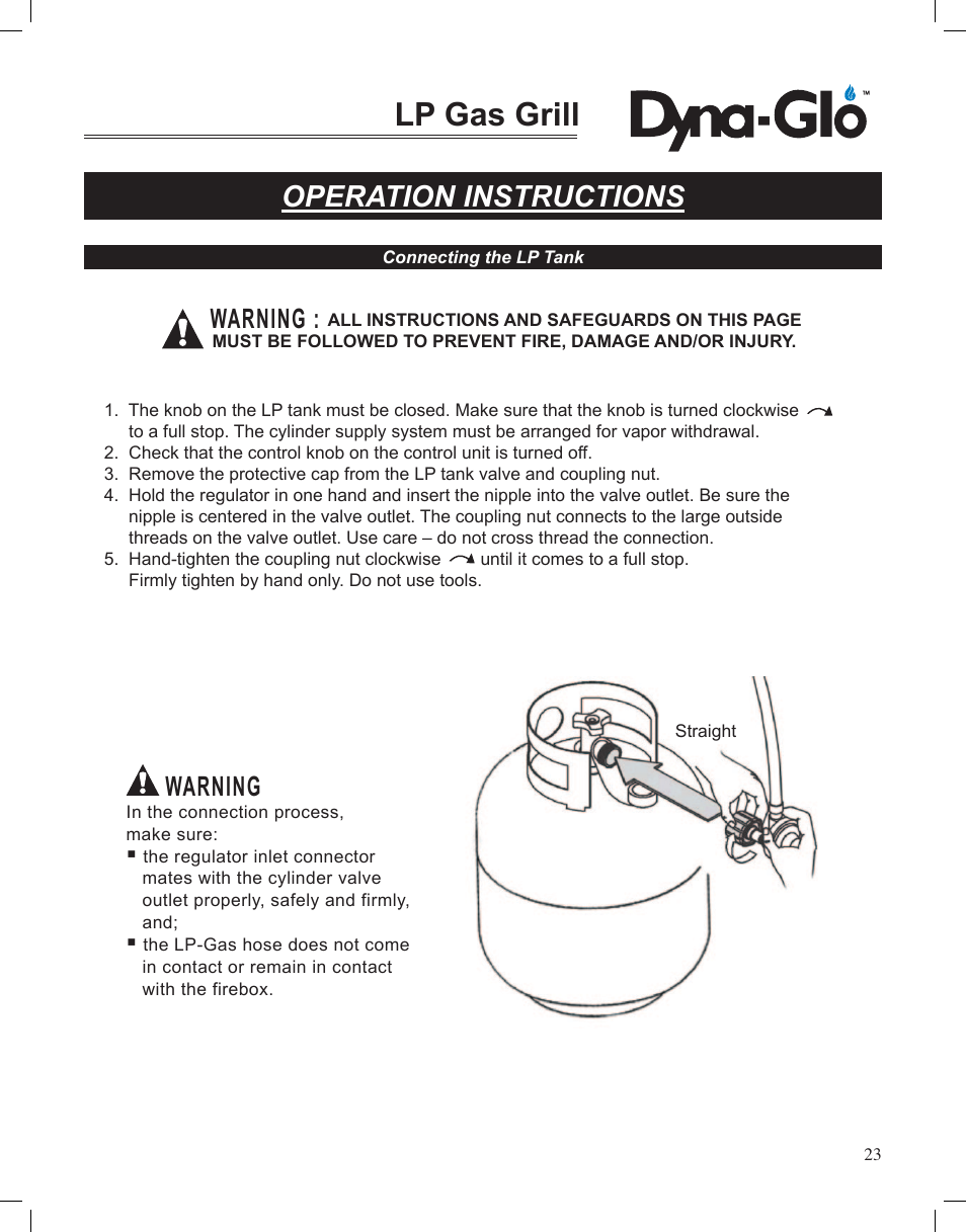 Lp gas grill, Operation instructions, Caution | Warning | Dyna-Glo LP Gas Grill DGP350NP User Manual | Page 25 / 108