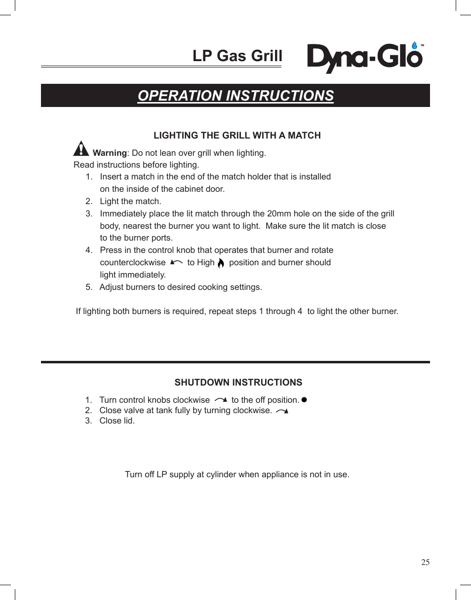 Lp gas grill, Operation instructions | Dyna-Glo LP Gas Grill DGP350NP User Manual | Page 27 / 108