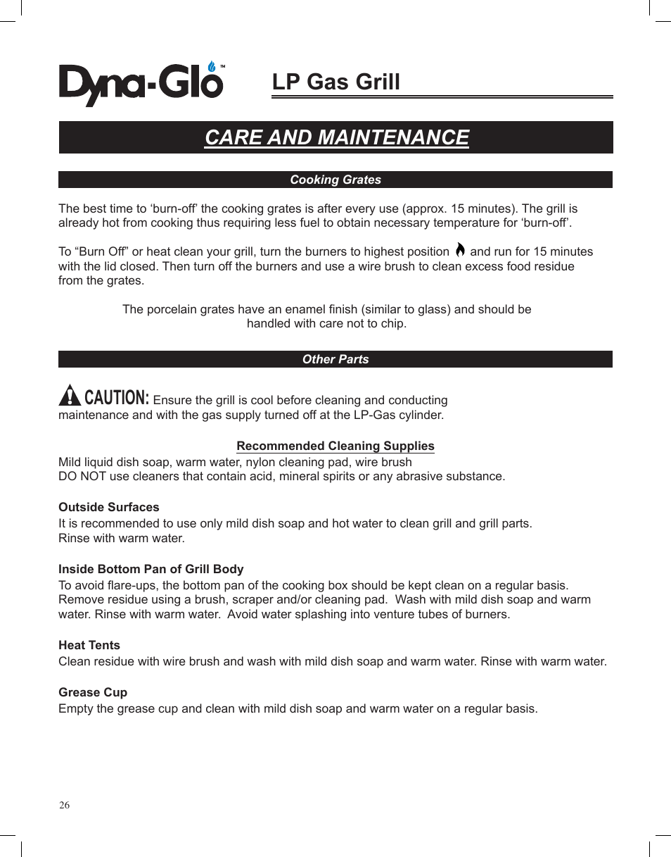 Lp gas grill, Care and maintenance, Caution | Dyna-Glo LP Gas Grill DGP350NP User Manual | Page 28 / 108
