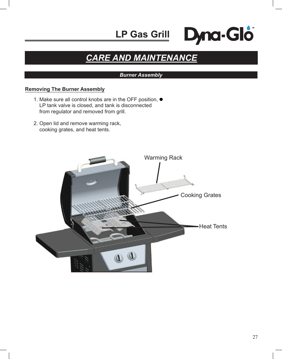 Lp gas grill, Care and maintenance | Dyna-Glo LP Gas Grill DGP350NP User Manual | Page 29 / 108