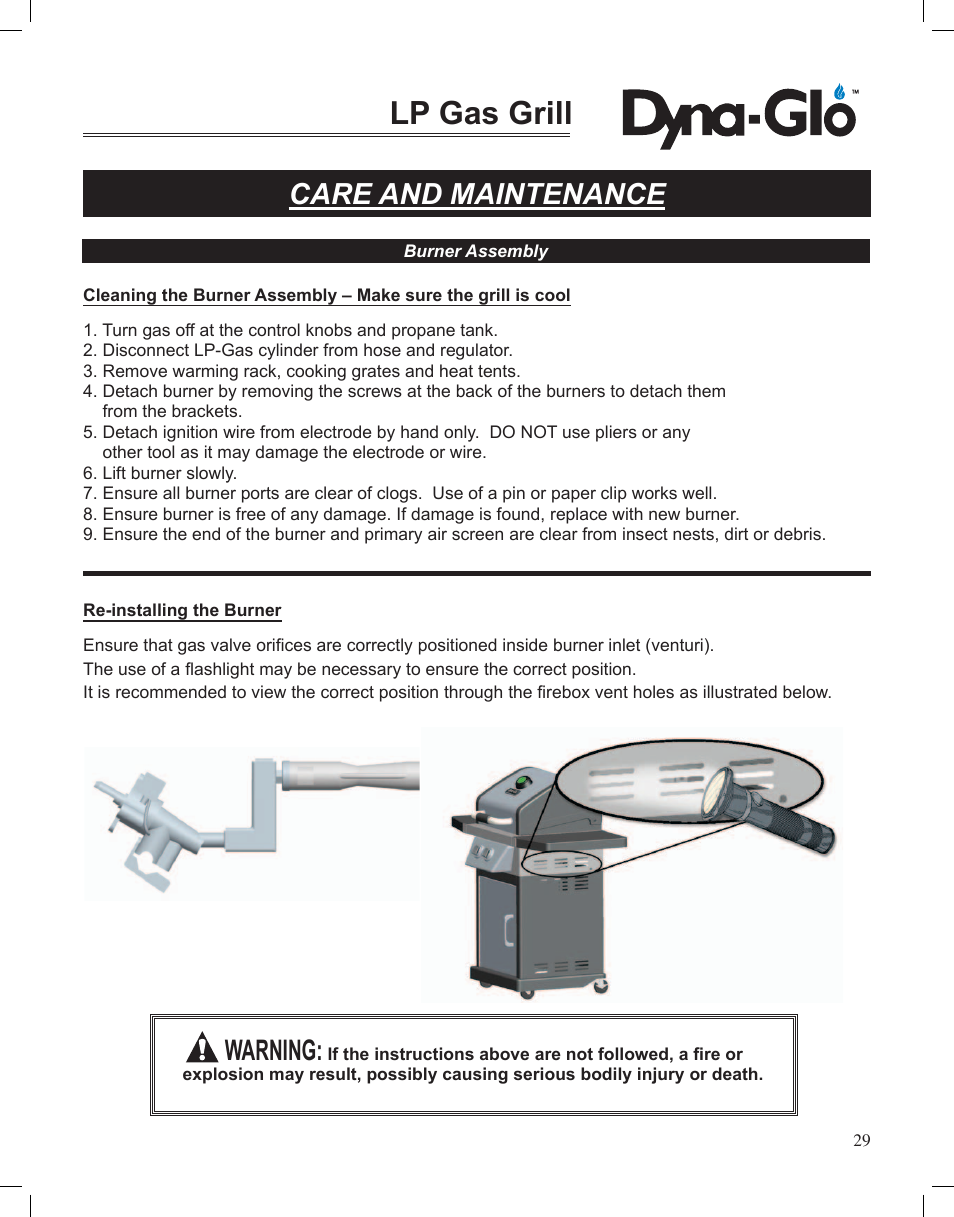 Lp gas grill, Care and maintenance, Warning | Dyna-Glo LP Gas Grill DGP350NP User Manual | Page 31 / 108