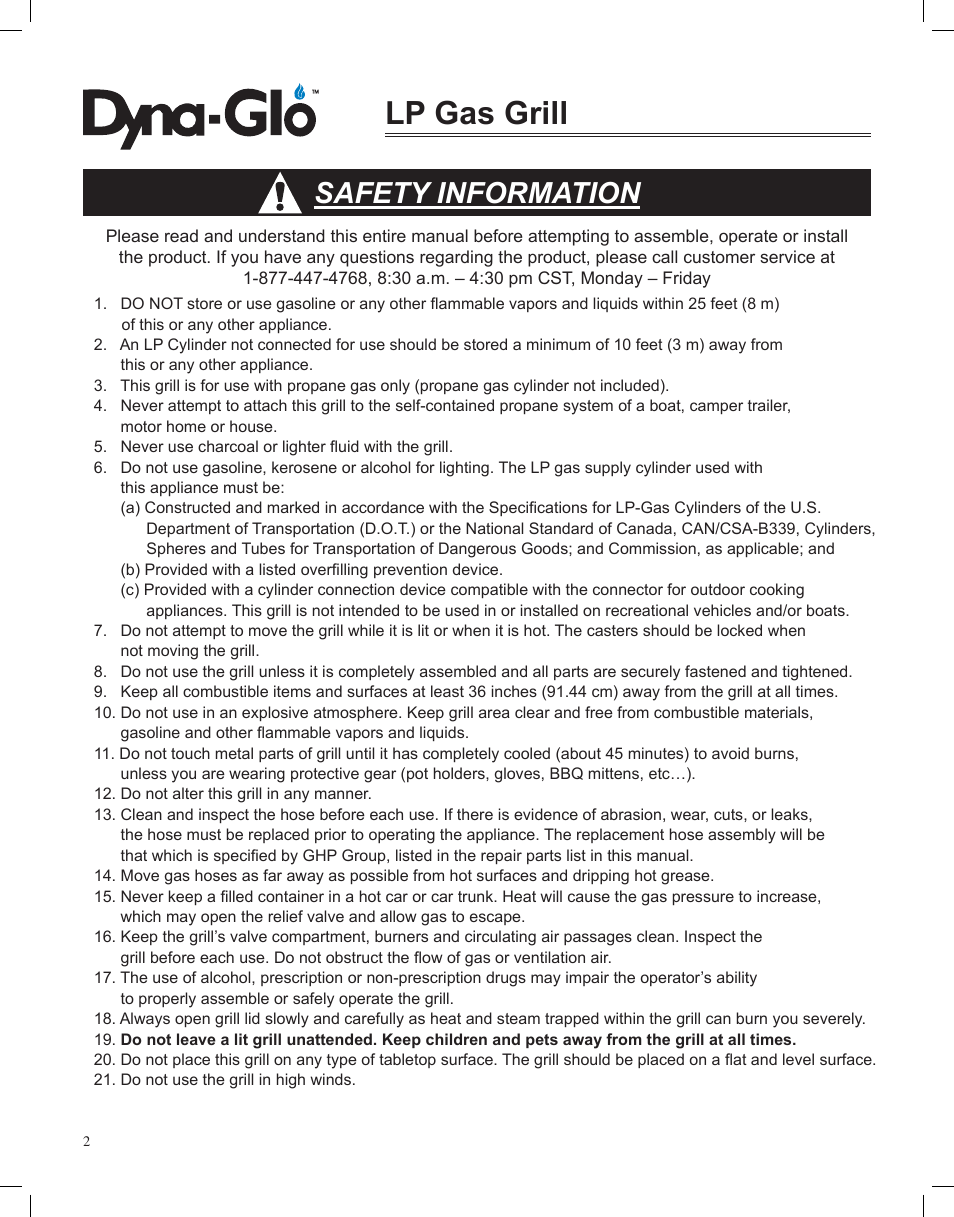 Lp gas grill, Safety information | Dyna-Glo LP Gas Grill DGP350NP User Manual | Page 4 / 108