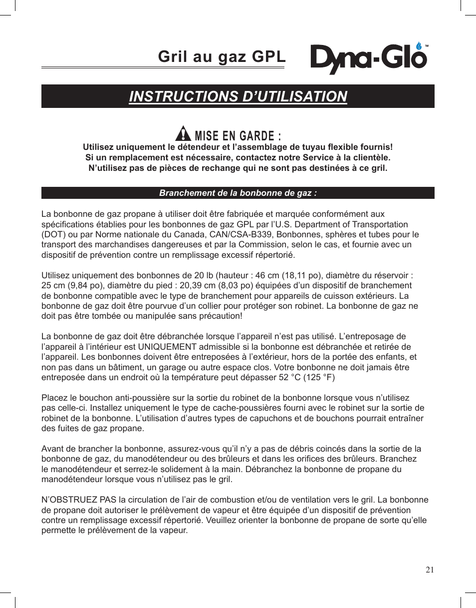 Gril au gaz gpl, Instructions d’utilisation, Mise en garde | Dyna-Glo LP Gas Grill DGP350NP User Manual | Page 59 / 108