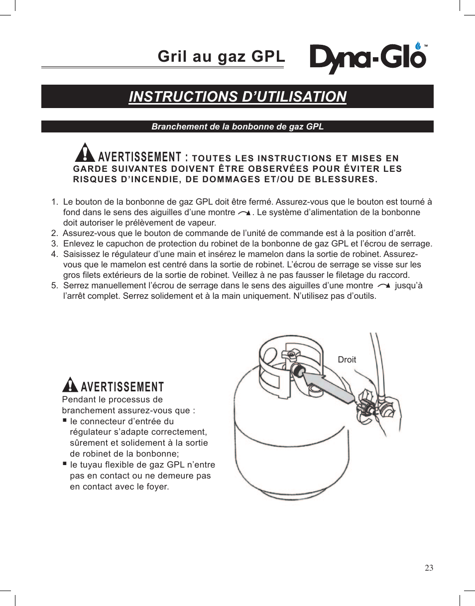 Gril au gaz gpl, Instructions d’utilisation, Mise en garde | Avertissement | Dyna-Glo LP Gas Grill DGP350NP User Manual | Page 61 / 108